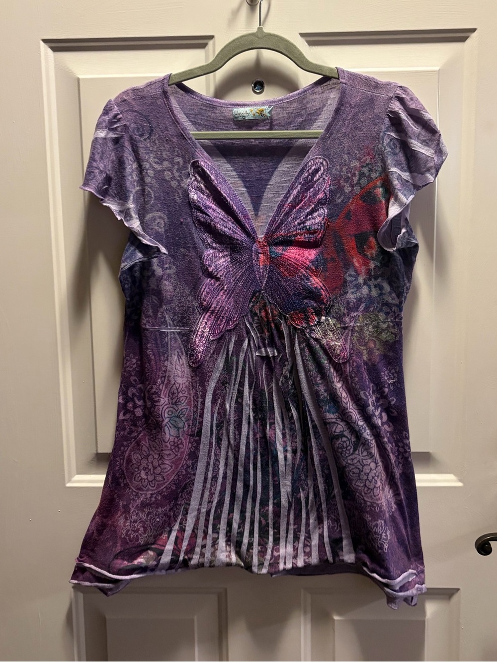 Unity World Wear Purple Butterfly Fringe Front Short Sleeve Tee